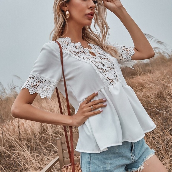 boho floral print lace babydoll peplum white top - Picture 3 of 5